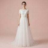 Whimsical Modest Vintage Style Lace and Tulle Beach Wedding Dress with Short Sleeves | ANNABELLEA