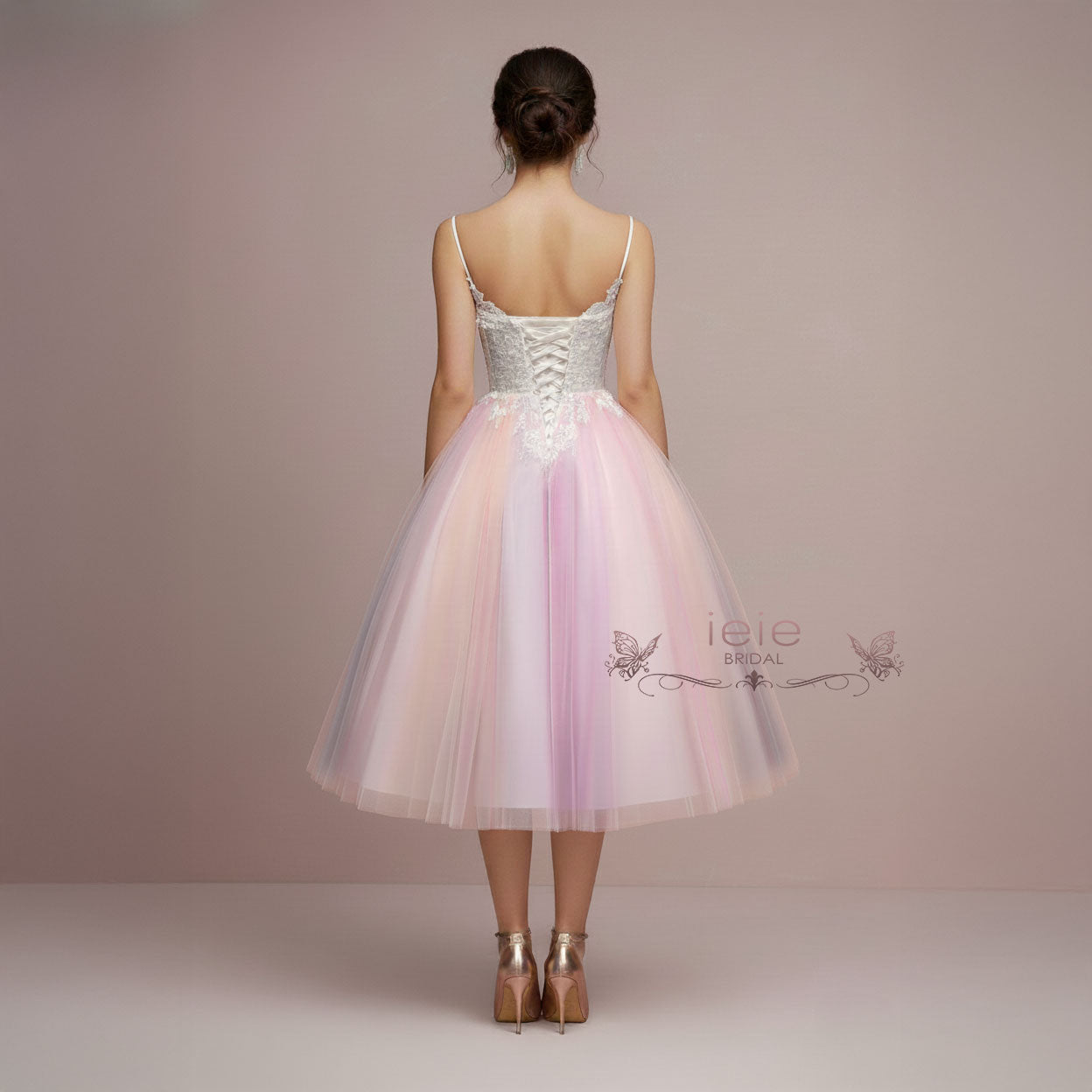 Short Tea Length Wedding Dress with Rainbow Skirt | CHARMIN