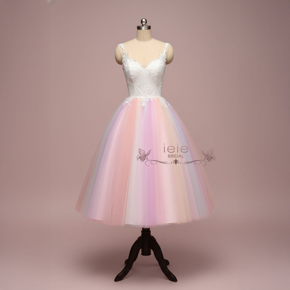 Short Tea Length Wedding Dress with Rainbow Skirt | CHARMIN