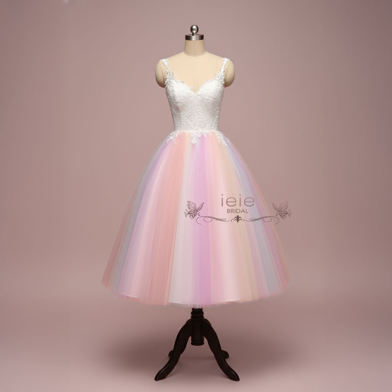 Short Tea Length Wedding Dress with Rainbow Skirt | CHARMIN