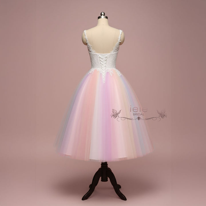 Short Tea Length Wedding Dress with Rainbow Skirt | CHARMIN ieie Short Tea Length Wedding Dress with Rainbow Skirt | CHARMIN ieie