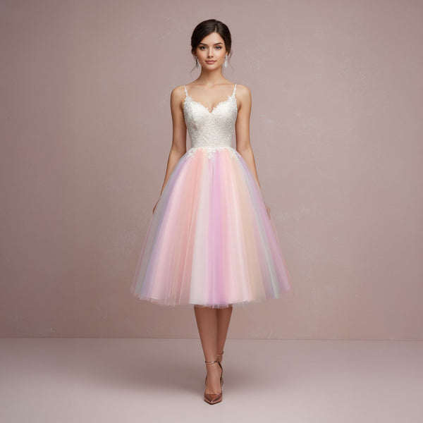 Short Tea Length Wedding Dress with Rainbow Skirt | CHARMIN