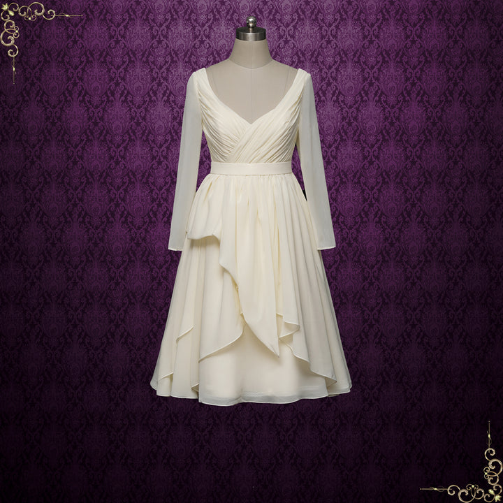 Short Chiffon Vintage Style Wedding Dress with Long Sleeves | Alpire II Size 22w / Dark Ivory Short Chiffon Vintage Style Wedding Dress with Long Sleeves | Alpire II Size 22w / Dark Ivory