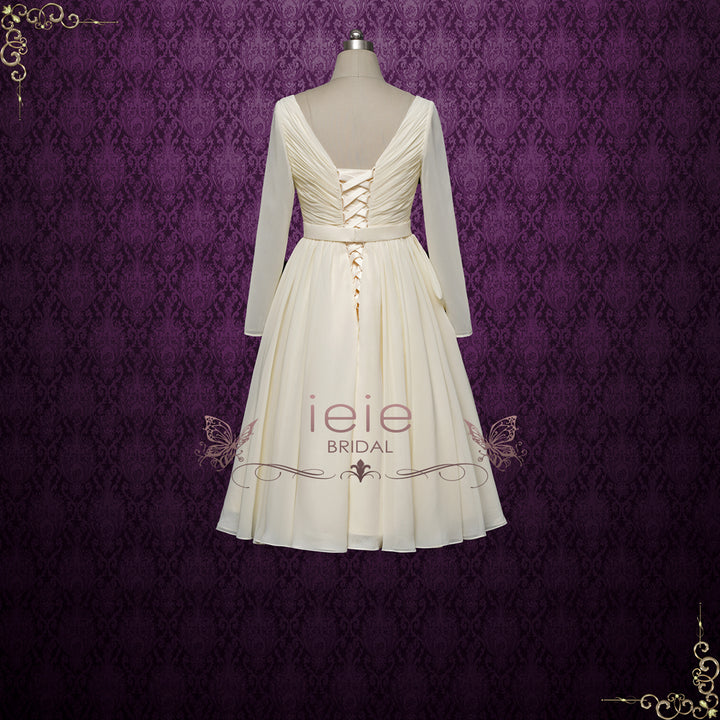 Short Chiffon Vintage Style Wedding Dress with Long Sleeves | Alpire II Size 22w / Dark Ivory Short Chiffon Vintage Style Wedding Dress with Long Sleeves | Alpire II Size 22w / Dark Ivory