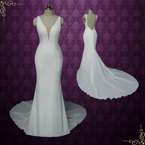 Elegant Minimalist Crepe Wedding Dress with Plunging Neckline | HURSIN