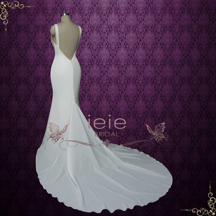 Elegant Minimalist Crepe Wedding Dress with Plunging Neckline | HURSIN Custom Size / White Elegant Minimalist Crepe Wedding Dress with Plunging Neckline | HURSIN Custom Size / White