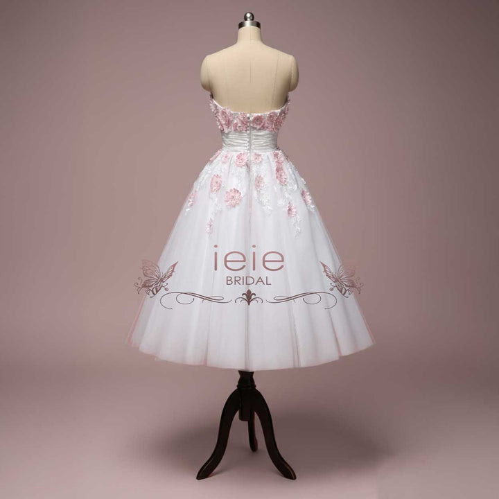 Retro Strapless Tea Length Wedding Dress with Daisy Flowers LYDIA