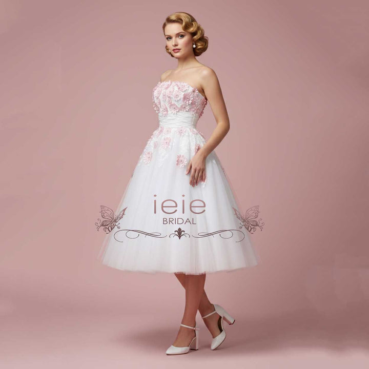 Retro Strapless Tea Length Wedding Dress with Daisy Flowers LYDIA