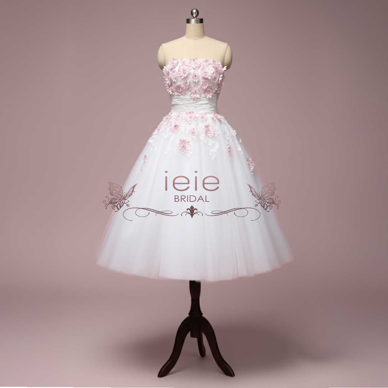Retro Strapless Tea Length Wedding Dress with Daisy Flowers LYDIA