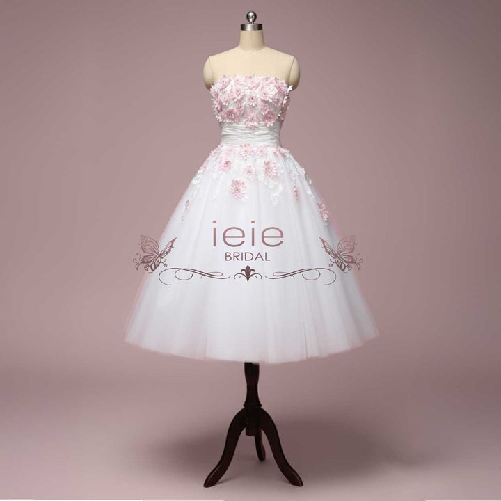 Retro Strapless Tea Length Wedding Dress with Daisy Flowers LYDIA