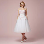 Retro Strapless Tea Length Wedding Dress with Daisy Flowers LYDIA