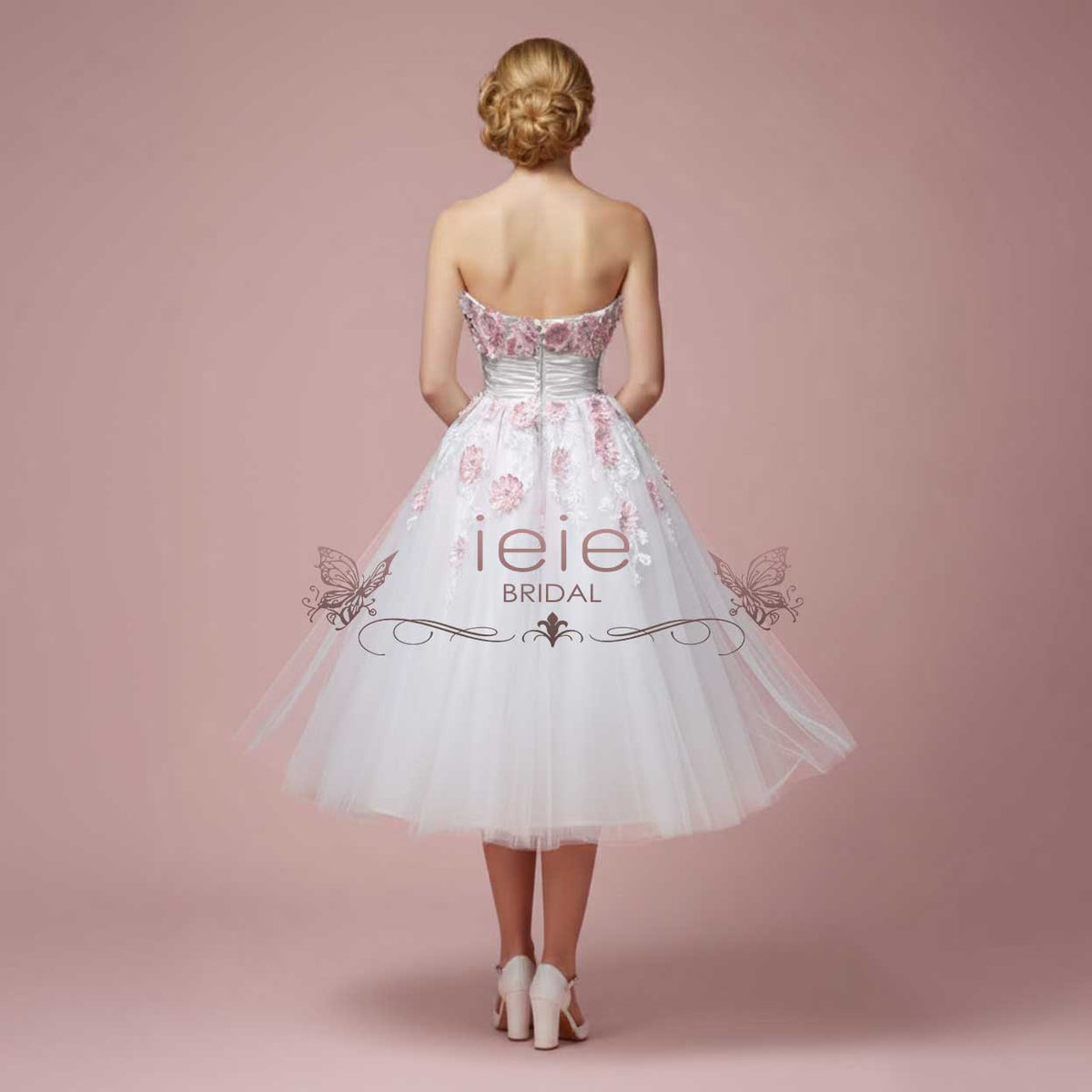 Retro Strapless Tea Length Wedding Dress with Daisy Flowers LYDIA