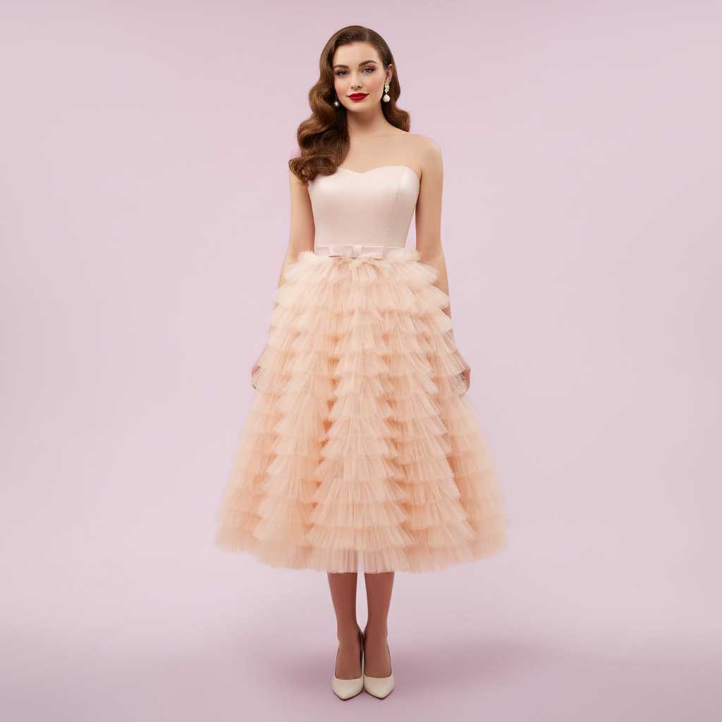 Strapless Tea-Length Tulle Ruffle Dress | Zia