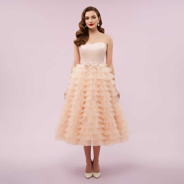 Strapless Tea-Length Tulle Ruffle Dress | Zia