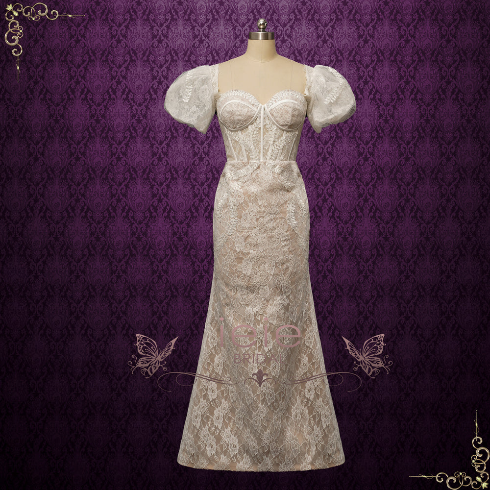 Convertible Lace Fitted Wedding Dress with Detachable Train NELCY ieie Convertible Lace Fitted Wedding Dress with Detachable Train NELCY ieie