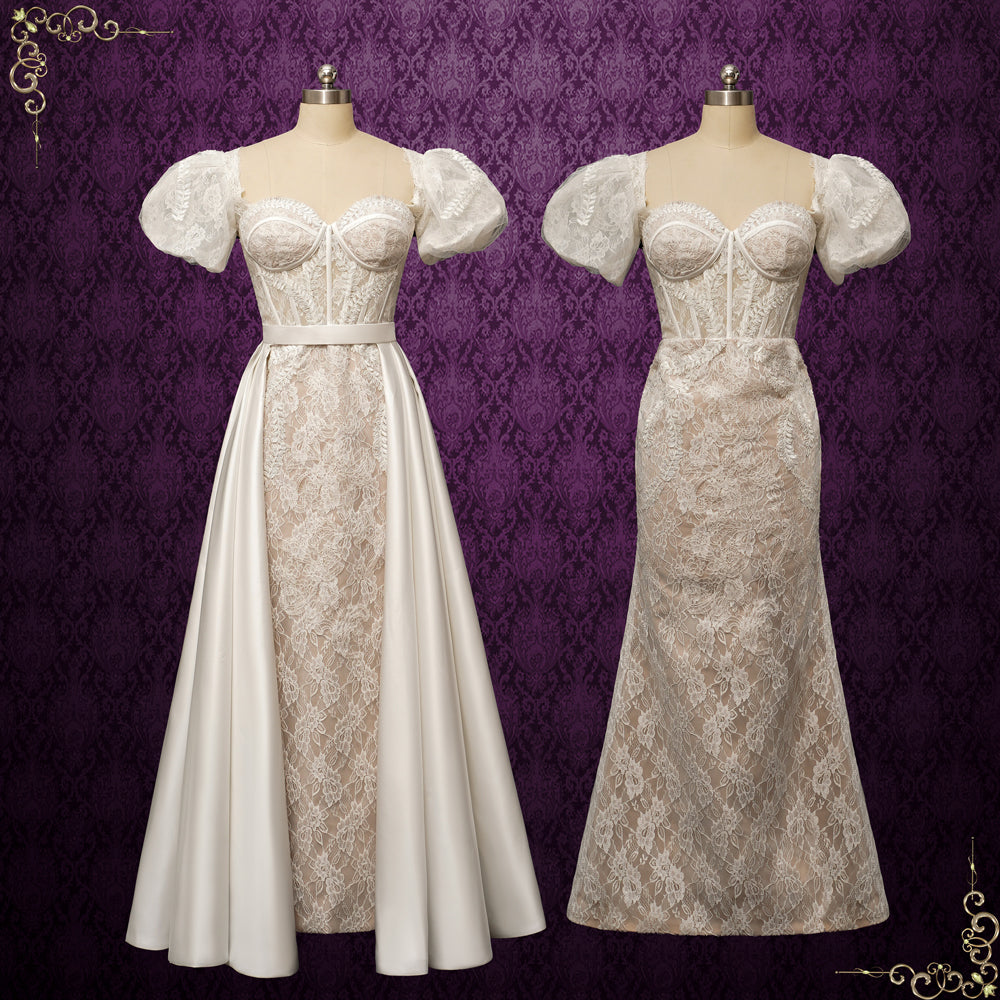 lace convertible dress Casual Modest Lace Convertible Wrap Ivory Empire Vintage Vow Renewal Wedding Dress with Drapings