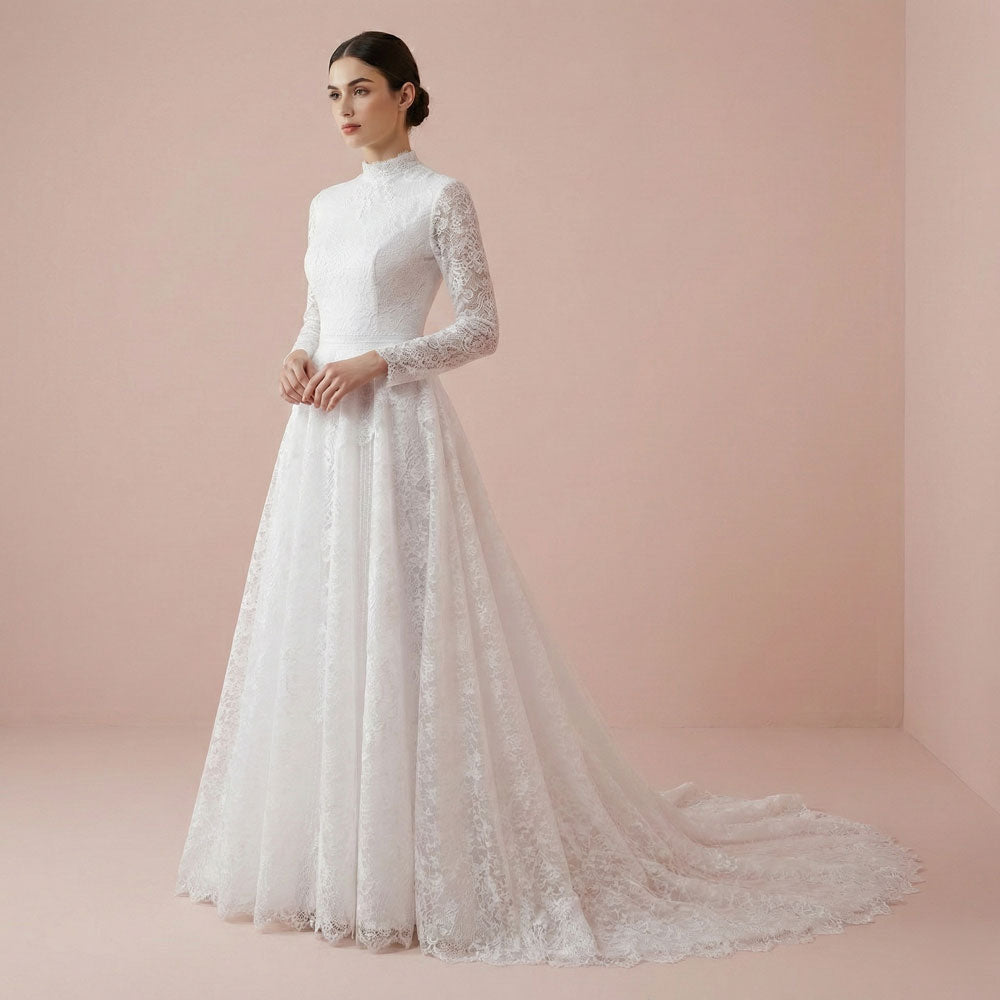 English Modest Lace Wedding Dress with Sleeves | EMMELINE