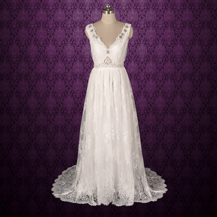 Vintage Bohemian Style Lace Wedding Dress with V Neckline | AMICE