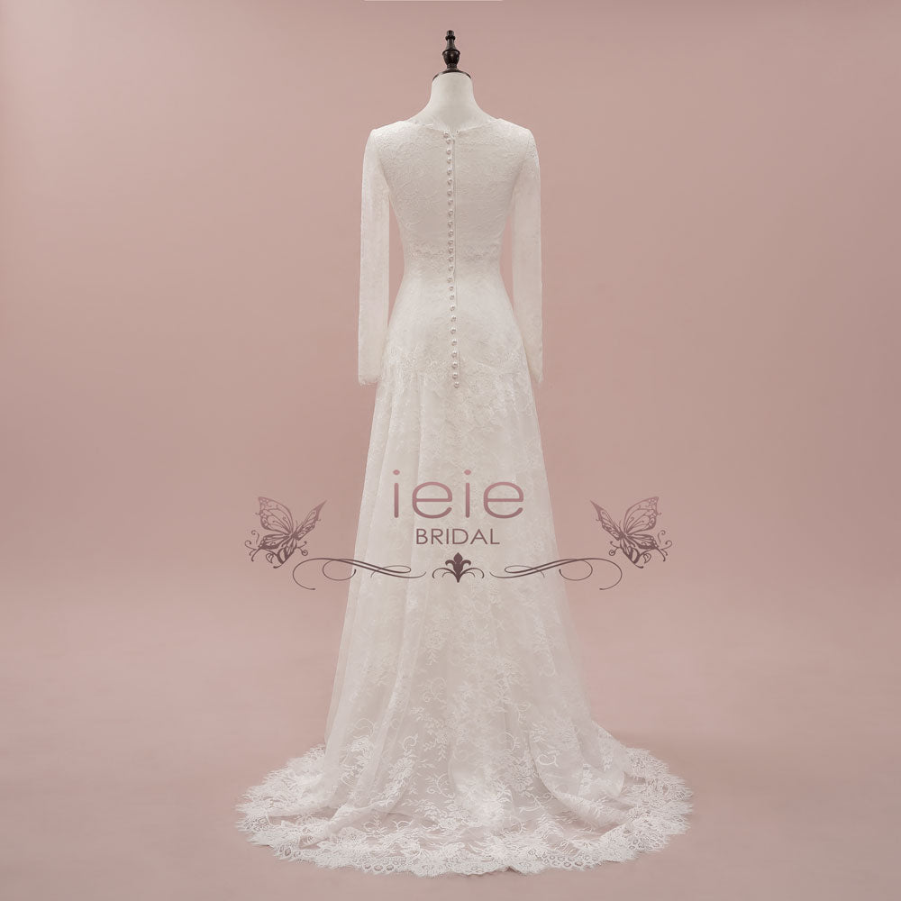 Vintage Style Modest Lace Wedding Dress with Long Sleeves | JASINIA
