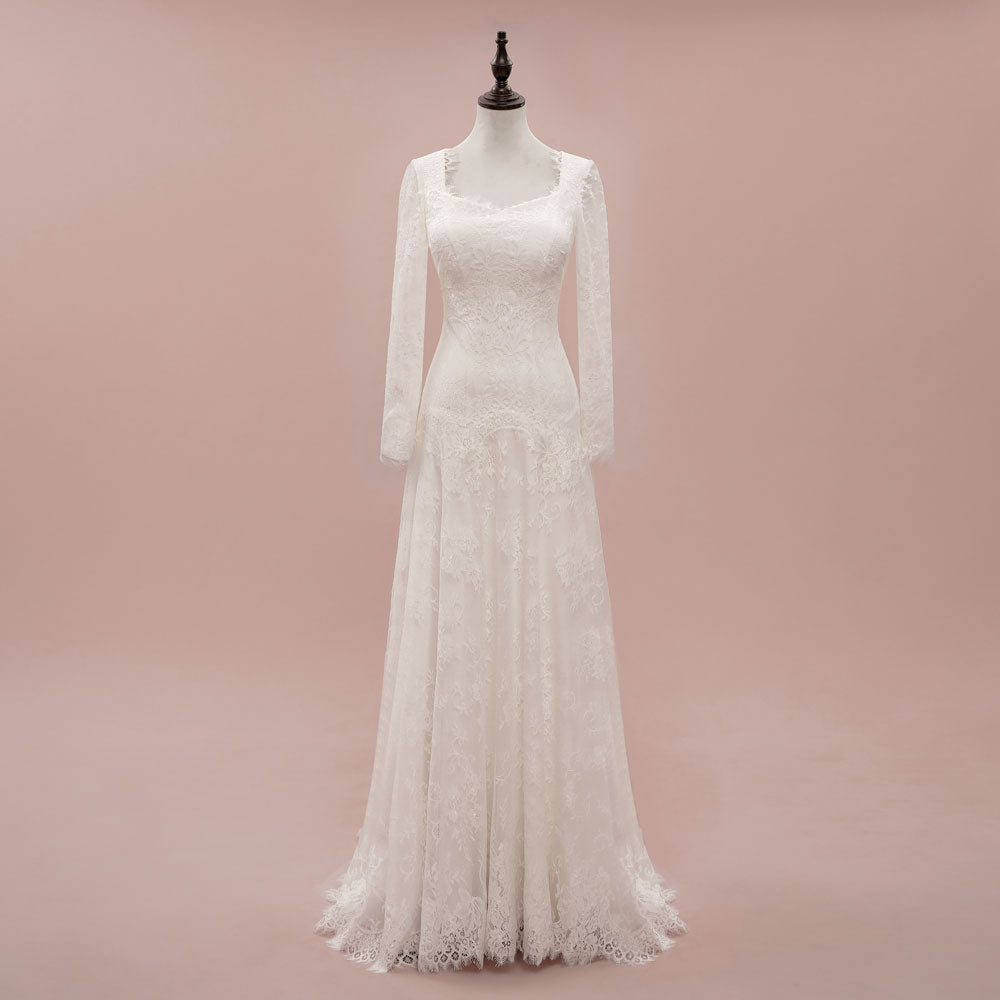 Vintage Style Modest Lace Wedding Dress with Long Sleeves | JASINIA
