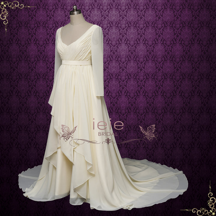 Vintage Chiffon Wedding Dress with Ruffle Skirt and Long Sleeves | ALPIRE Size 26W / Dark Ivory Vintage Chiffon Wedding Dress with Ruffle Skirt and Long Sleeves | ALPIRE Size 26W / Dark Ivory