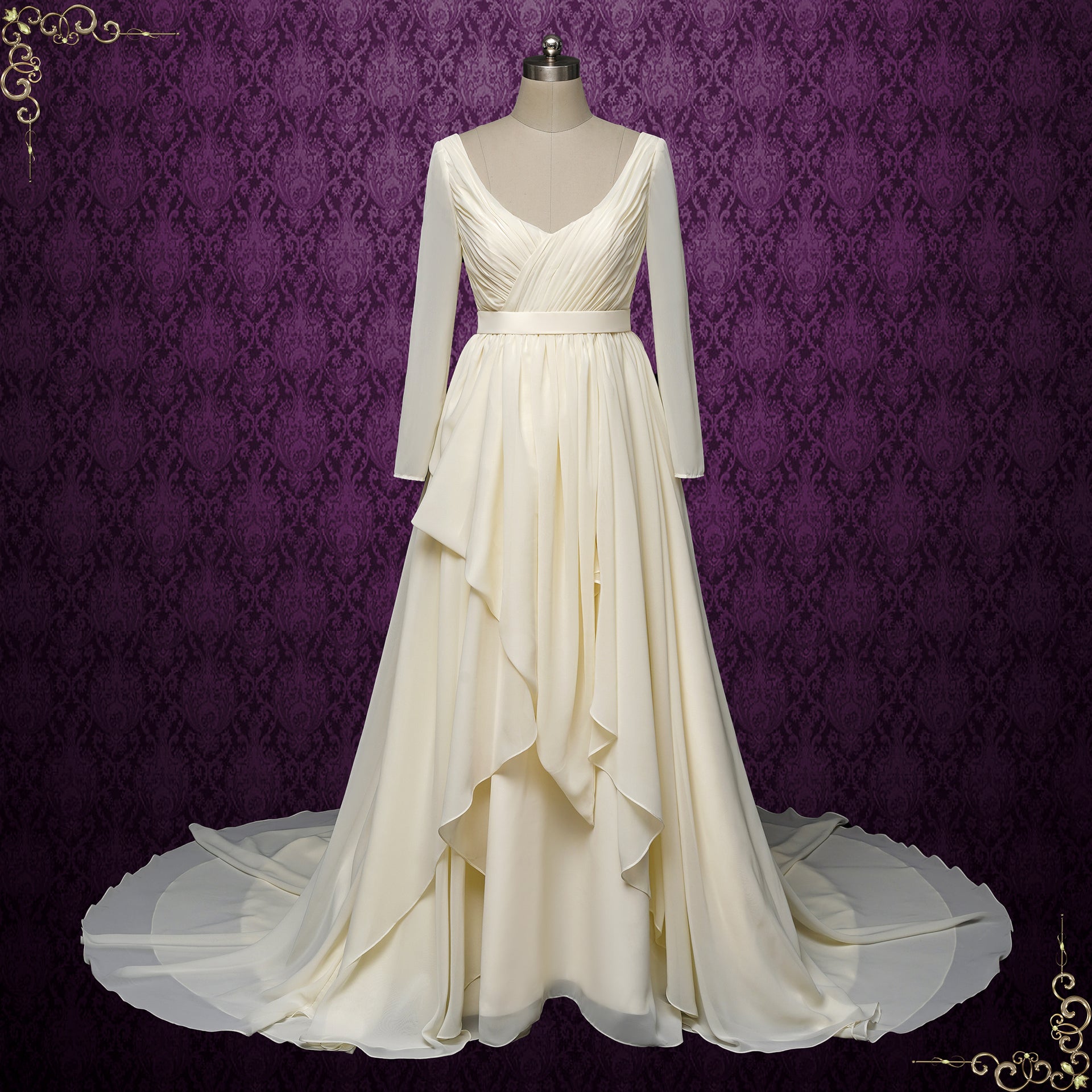 Vintage Chiffon Wedding Dress with Ruffle Skirt and Long Sleeves