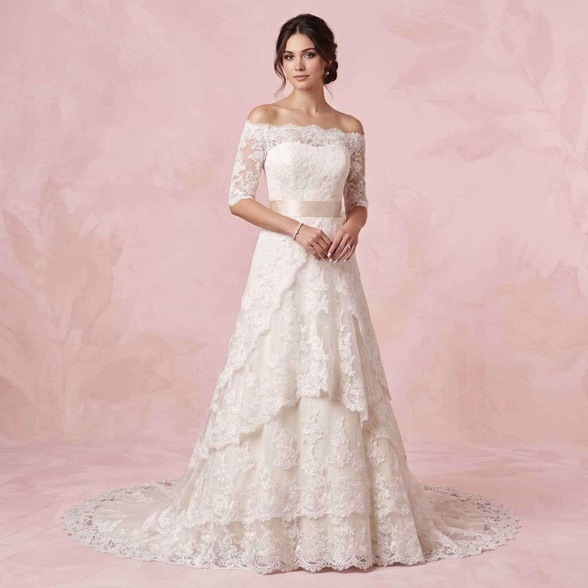 Off The Shoulder Lace Overlay Wedding Dress with Short Sleeves ILLIAN