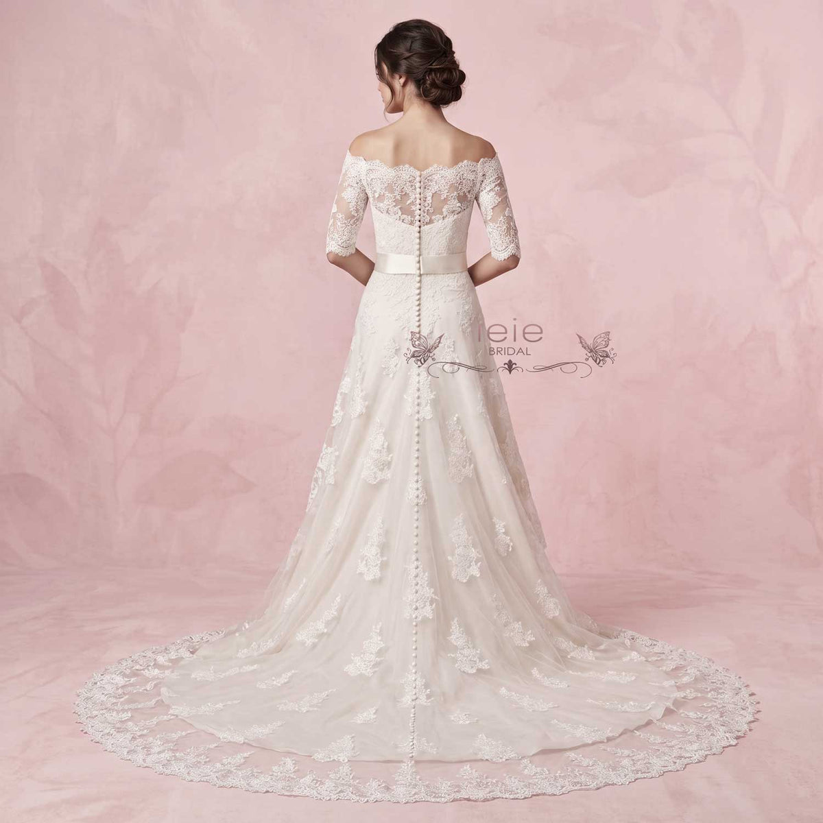 Off The Shoulder Lace Overlay Wedding Dress with Short Sleeves ILLIAN