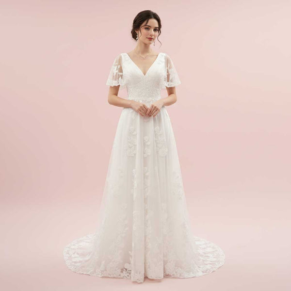 Vintage Inspired Lace A-line Wedding Dress with Short Sleeves LENORE