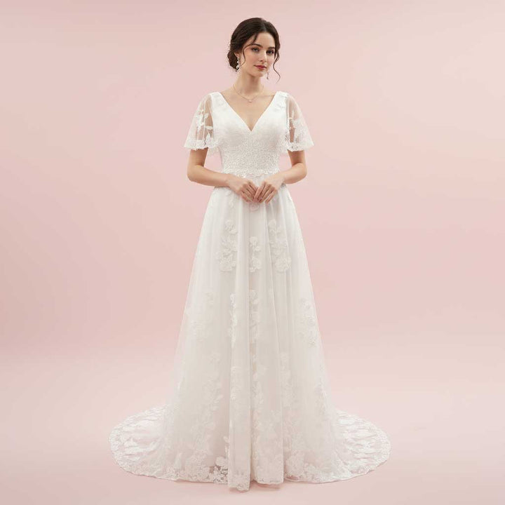 Vintage Inspired Lace A-line Wedding Dress with Short Sleeves LENORE