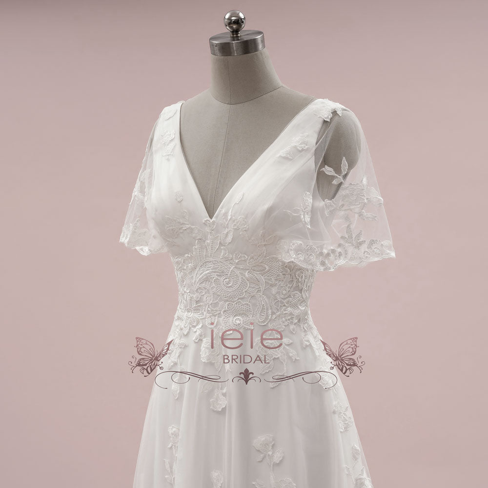Vintage Inspired Lace A-line Wedding Dress with Short Sleeves LENORE