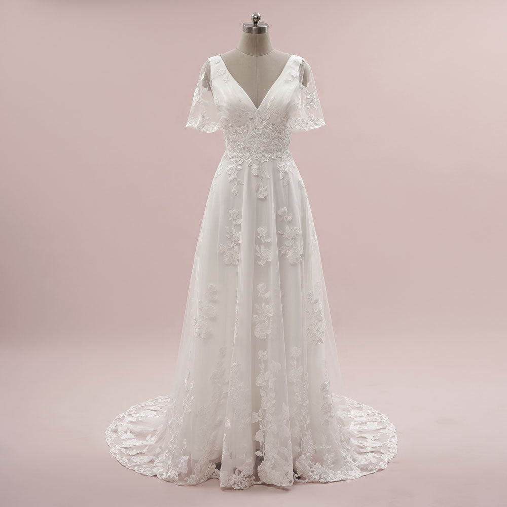 Vintage Inspired Lace A-line Wedding Dress with Short Sleeves LENORE Size 18W / White