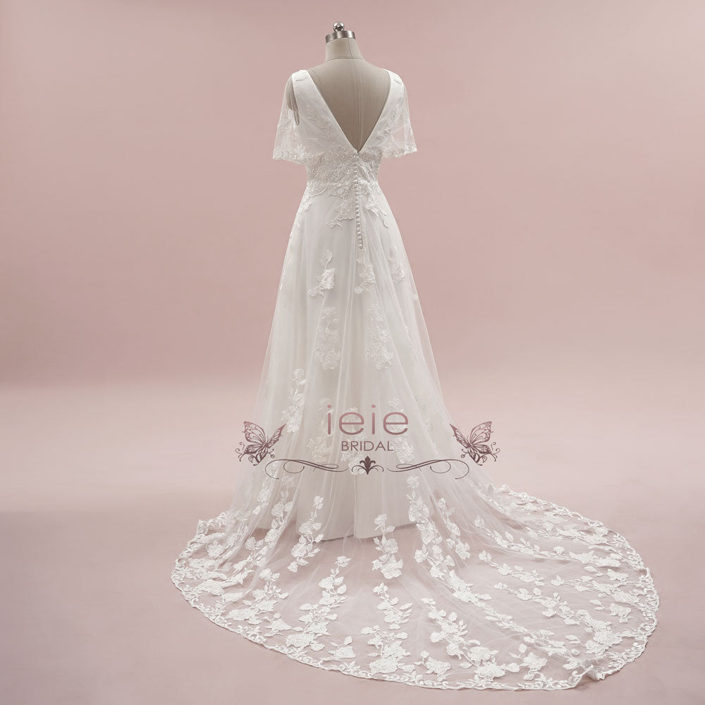 Vintage Inspired Lace A-line Wedding Dress with Short Sleeves LENORE