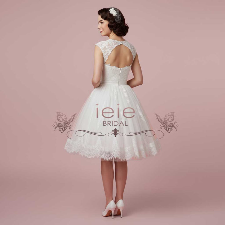 Retro Vintage Short Lace Wedding Dress with Queen Ann Neckline | CORETTA