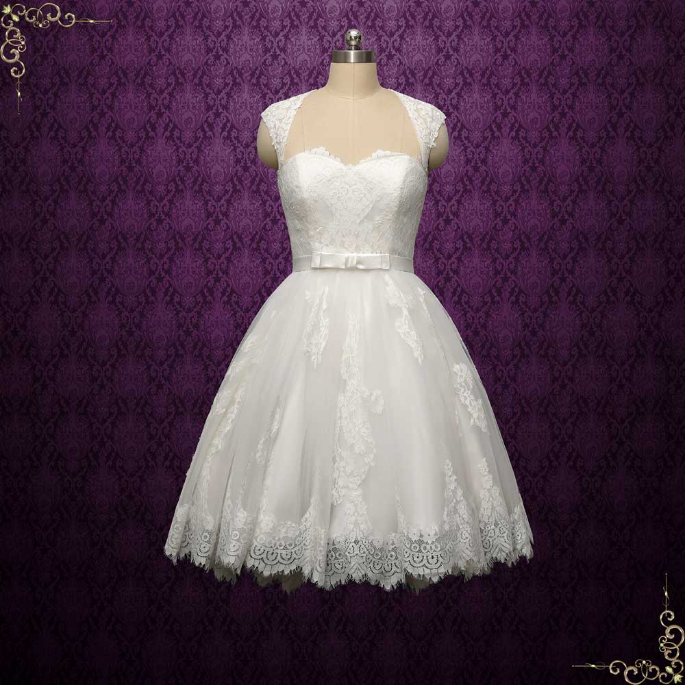 Retro Vintage Short Lace Wedding Dress with Queen Ann Neckline