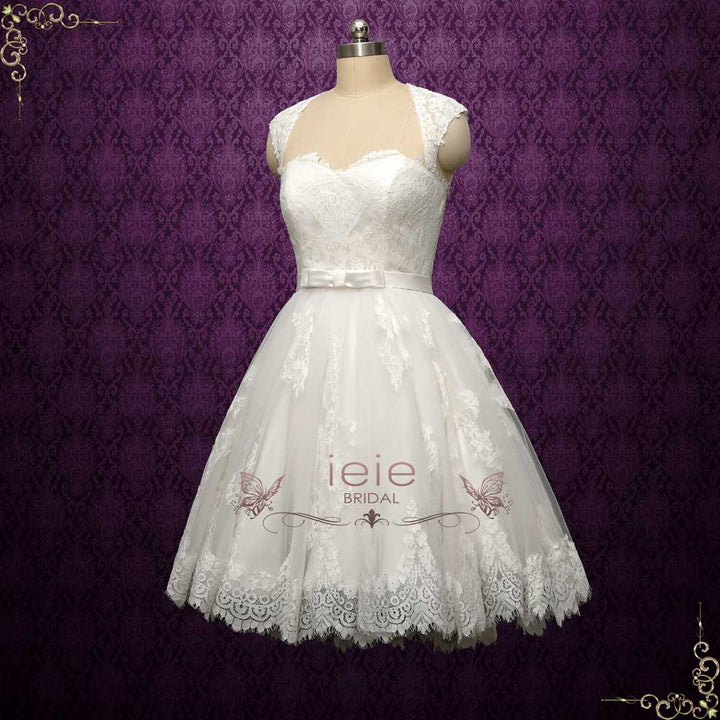 Retro Vintage Short Lace Wedding Dress with Queen Ann Neckline | CORETTA