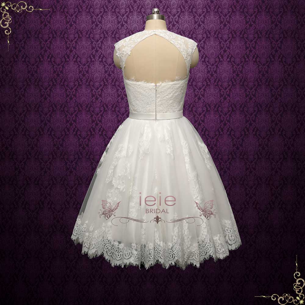 Retro Vintage Short Lace Wedding Dress with Queen Ann Neckline | CORETTA