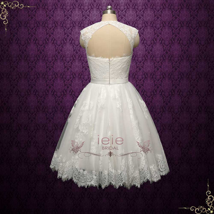 Retro Vintage Short Lace Wedding Dress with Queen Ann Neckline | CORETTA