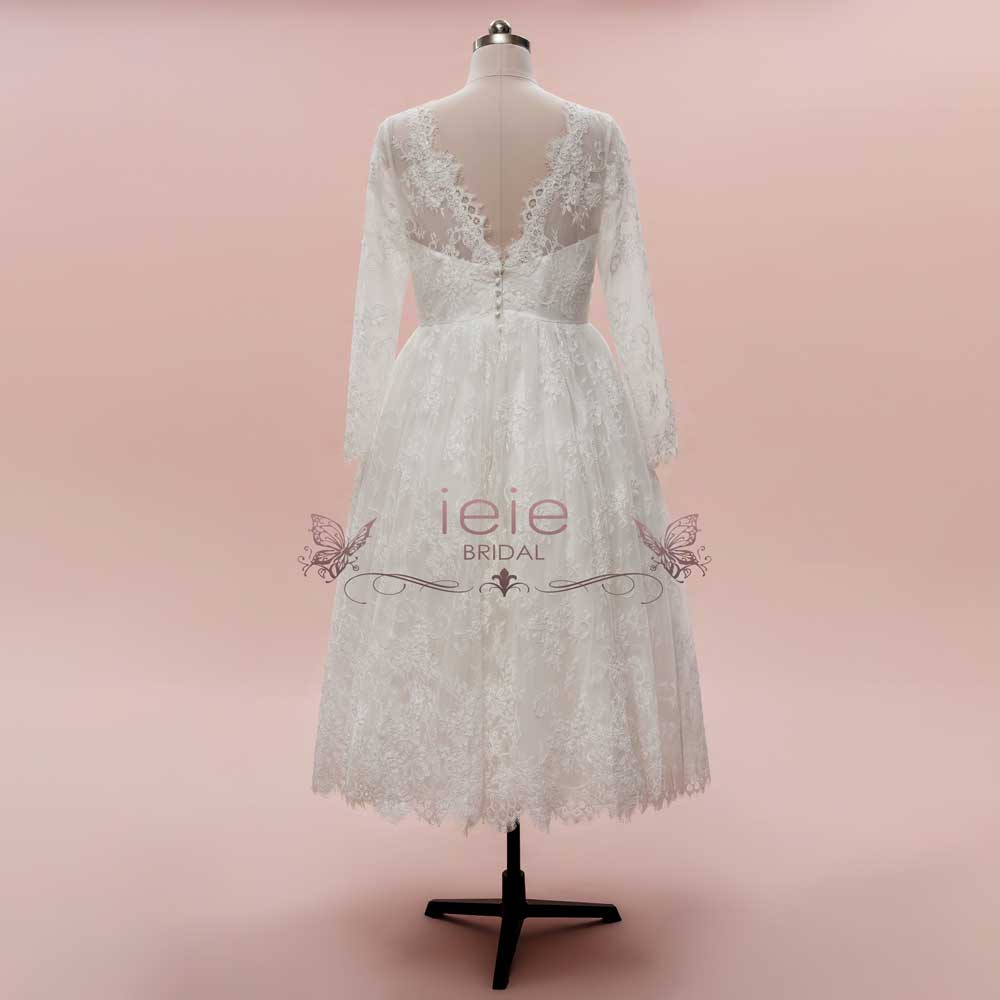 Vintage Short Tea Length Lace Wedding Dress with Long