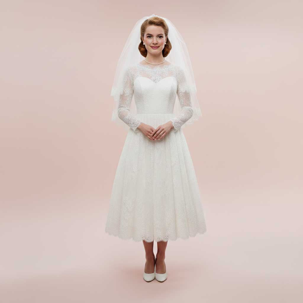 Vintage Short Tea Length Lace Wedding Dress with Long Sleeves | HILDA