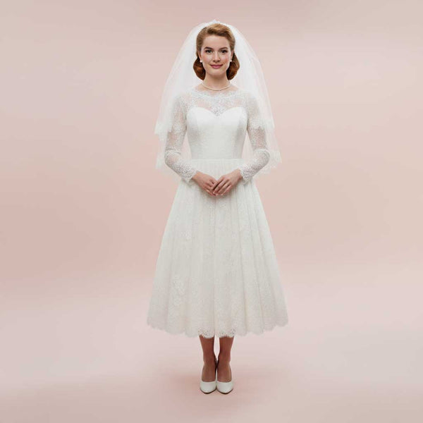 Vintage Short Tea Length Lace Wedding Dress with Long Sleeves HILDA