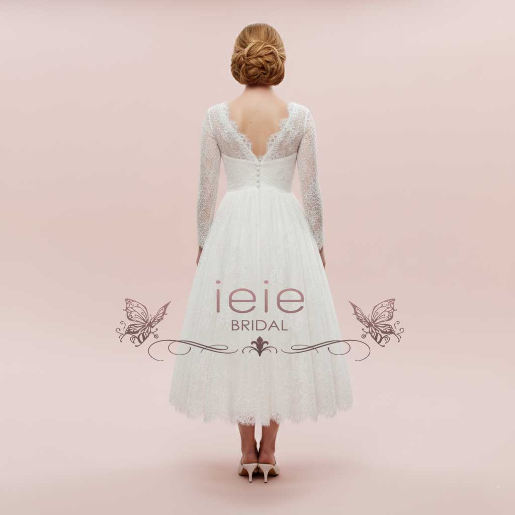 Vintage Lace Tea Length Collar Half Sleeves Wedding Dress