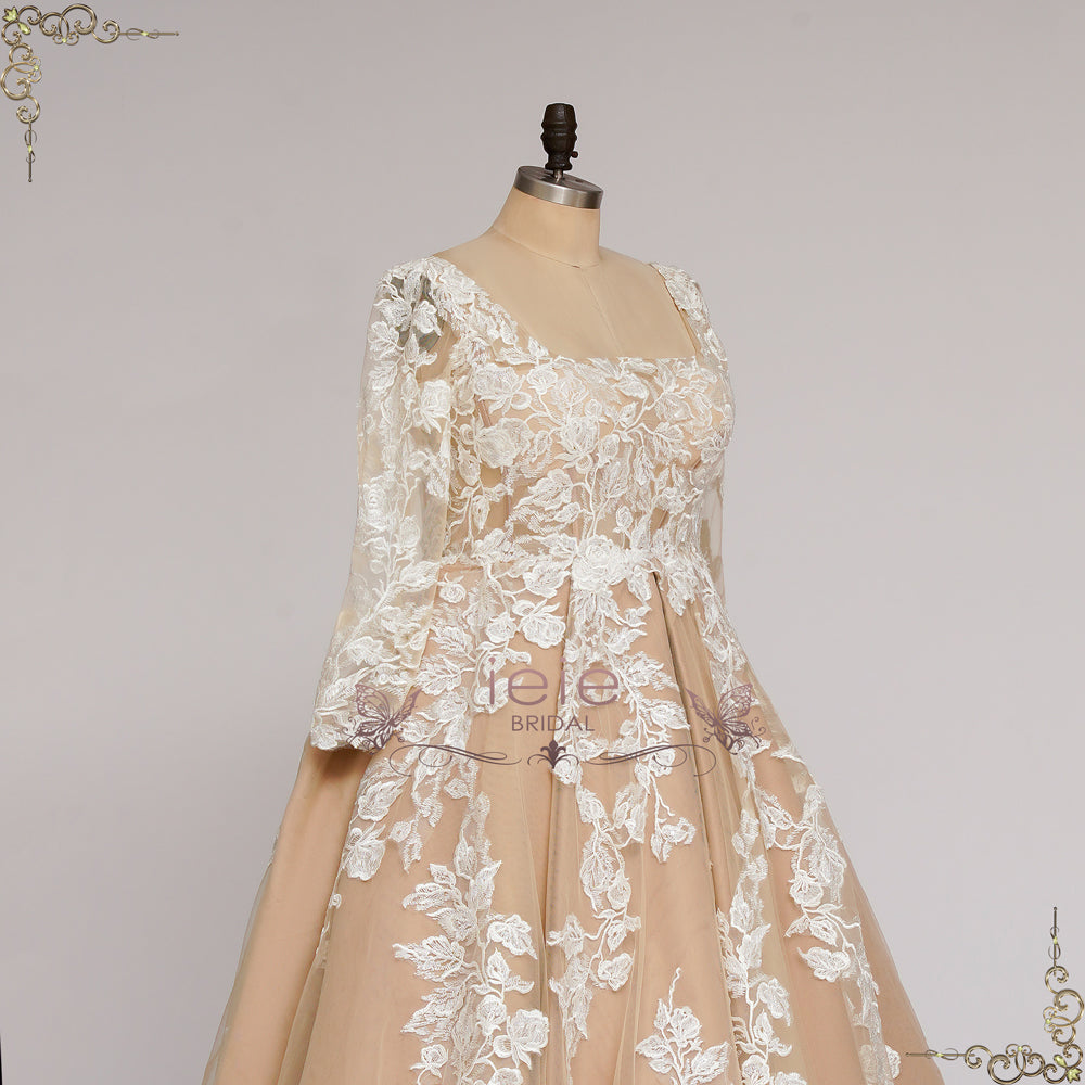 Vintage Champagne Short Lace Wedding Dress with Sleeves