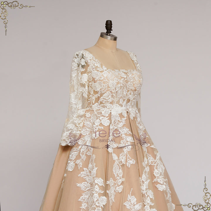 Vintage Champagne Short Lace Wedding Dress with Sleeves | GLEN