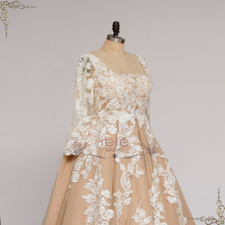 Vintage Champagne Short Lace Wedding Dress with Sleeves | GLEN Size 6 / Champagne Vintage Champagne Short Lace Wedding Dress with Sleeves | GLEN Size 6 / Champagne