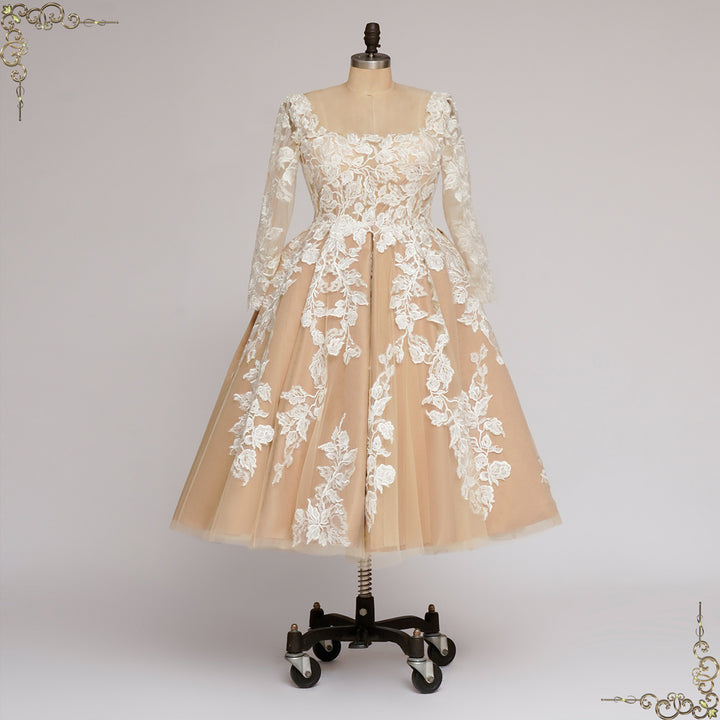 Vintage Champagne Short Lace Wedding Dress with Sleeves | GLEN Size 6 / Champagne Vintage Champagne Short Lace Wedding Dress with Sleeves | GLEN Size 6 / Champagne