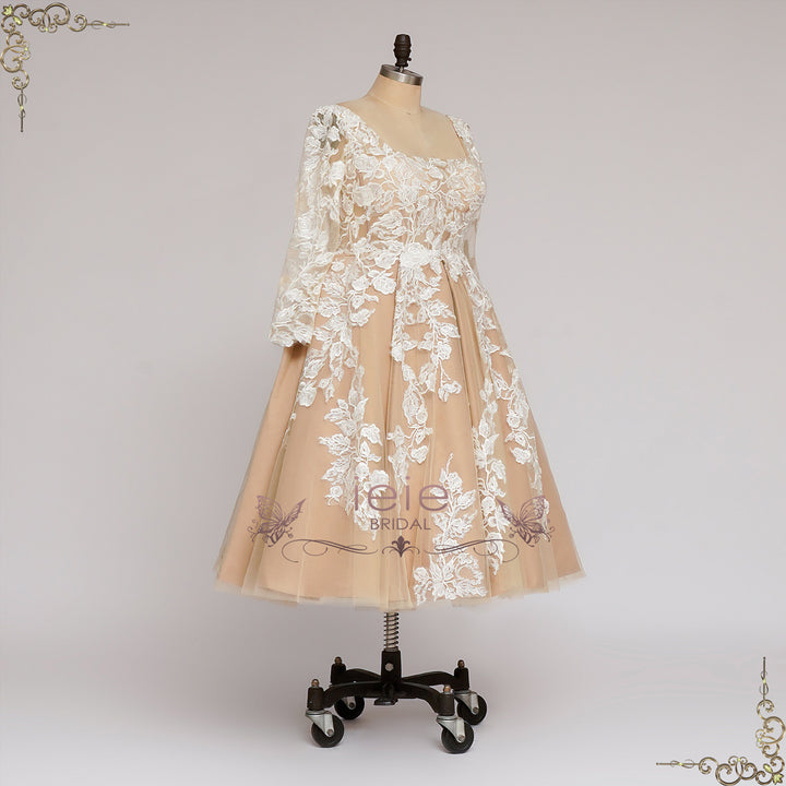 Vintage Champagne Short Lace Wedding Dress with Sleeves | GLEN