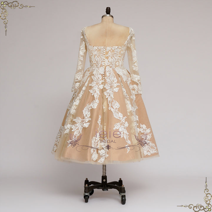 Vintage Champagne Short Lace Wedding Dress with Sleeves | GLEN