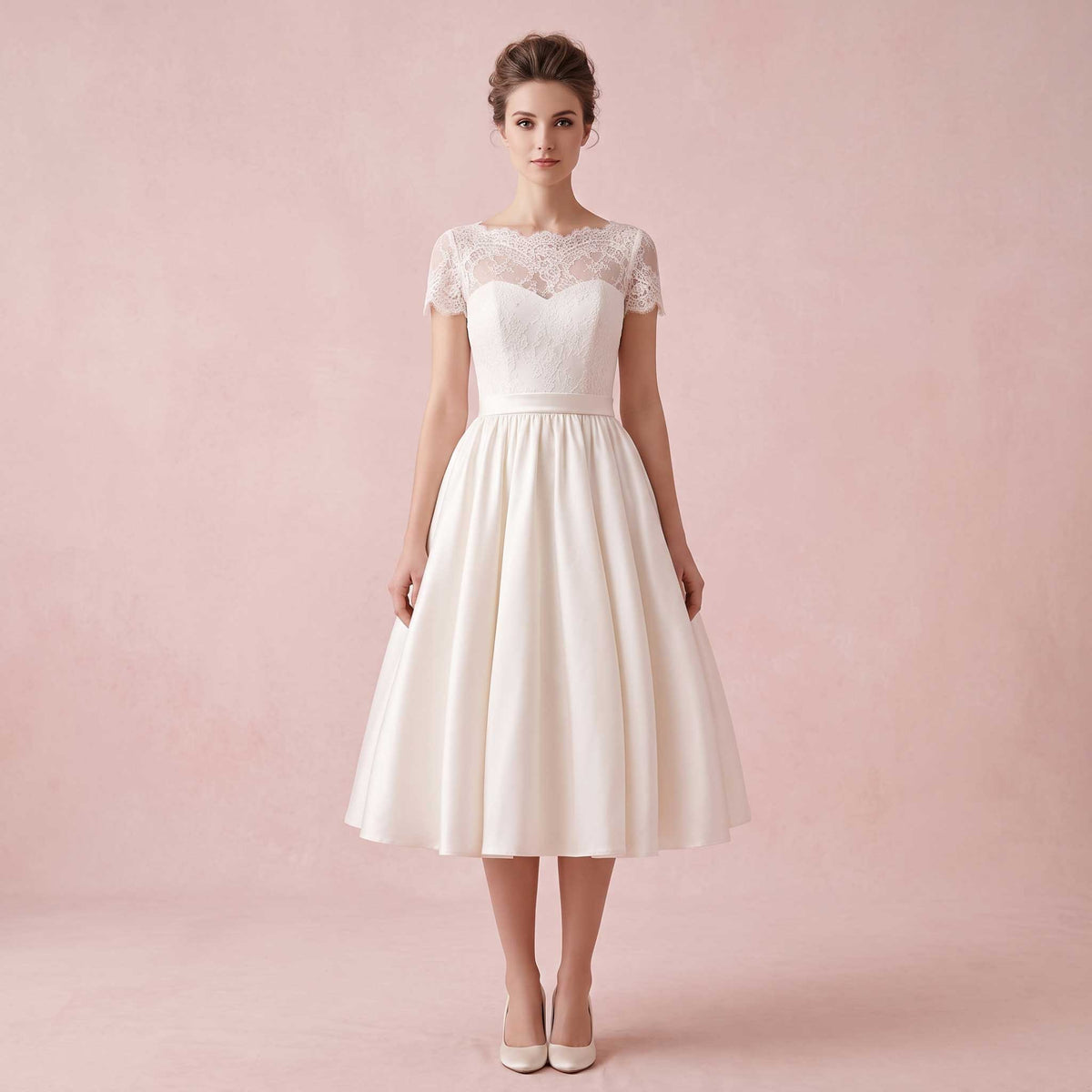 Vintage Ivory Lace Tea-Length Wedding Dress with Open V-Back | BRION