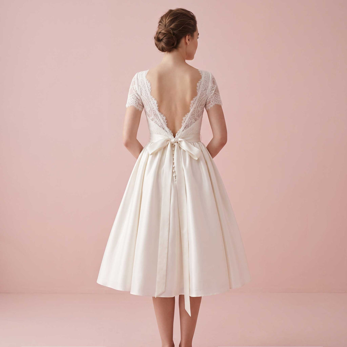 Vintage Ivory Lace Tea-Length Wedding Dress with Open V-Back | BRION